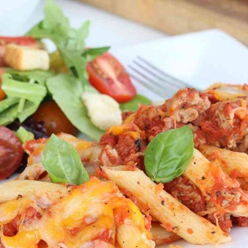 A nutritious and wholesome bowl of chicken sausage pasta, packed with fresh vegetables and whole wheat pasta.