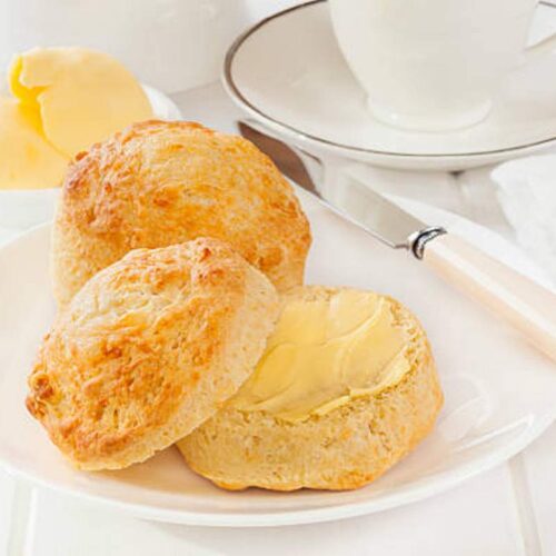 Mixing scone dough with milk and butter.