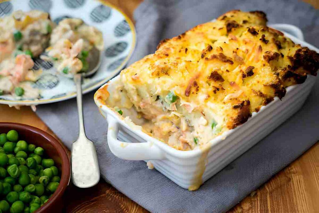 A homemade fish pie with a crispy lattice crust, showcasing a medley of colorful seafood and creamy mashed potatoes.

