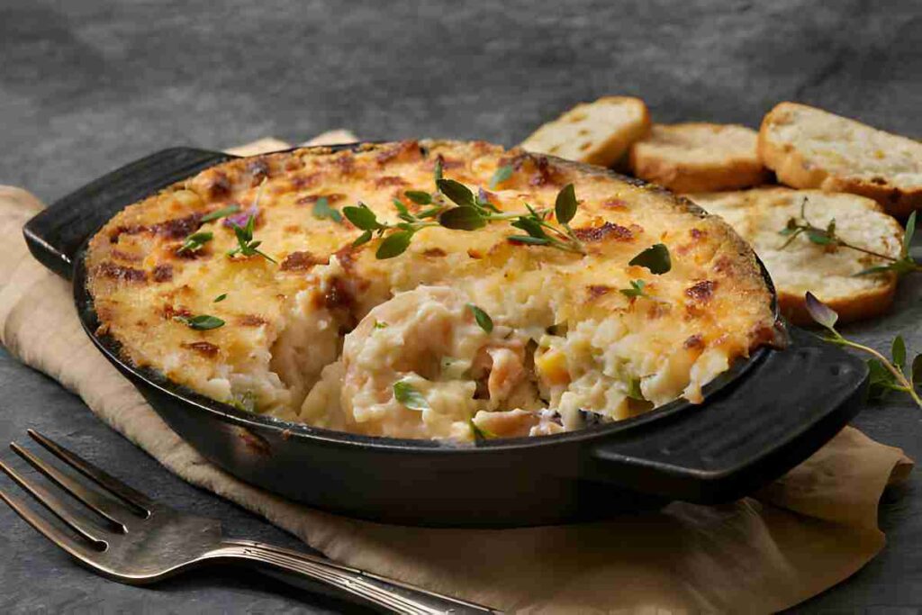 A sumptuous fish pie, expertly baked to perfection, featuring a medley of fish and seafood peeking through a golden mashed potato topping.

