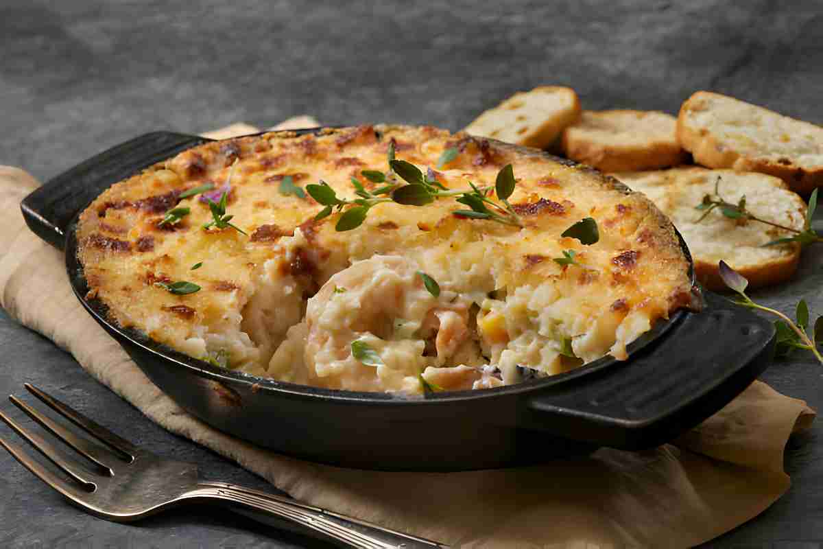 A delectable fish pie with a golden-brown crust, loaded with a medley of fresh seafood and creamy mashed potatoes.